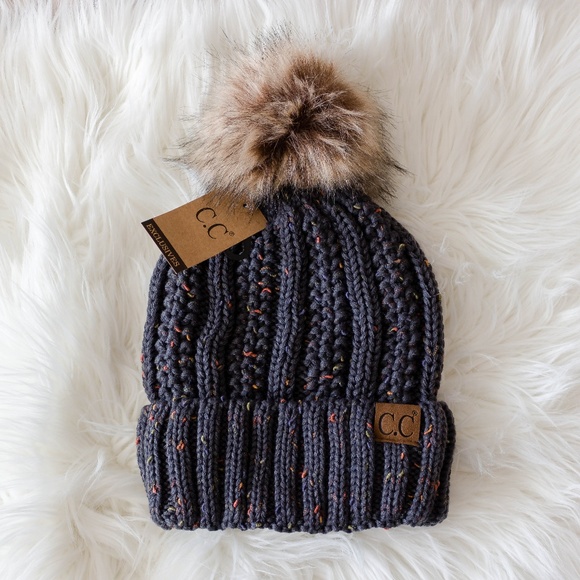 C.C Beanie Confetti Fuzzy Fur Lined Pom Hat - Picture 2 of 5